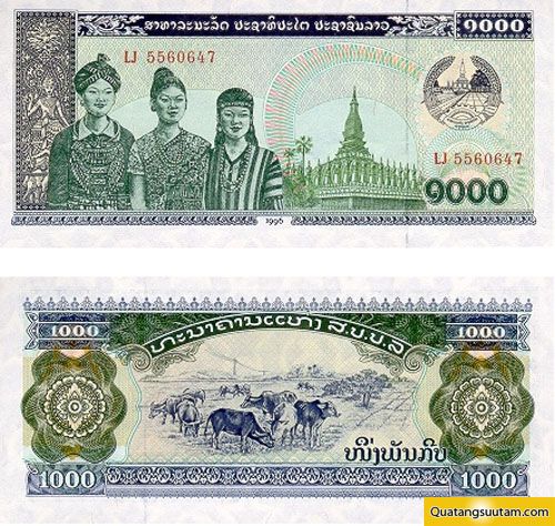 tien cac nuoc chau a 1000 kip issued in 1996