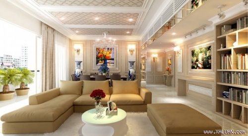 Bộ đèn chùm trang trí, bộ sofa và màn cửa trắng giúp tôn lên vẻ đẹp lãng mạn của phòng khách cổ điển.